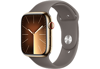 APPLE Watch Series 9 (GPS + Cellular, acier inoxydable) 45 mm - Smartwatch (M/L 160-210 mm, Fluorélastomère, Or/Marron argile)