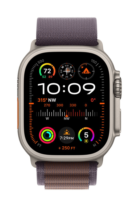 APPLE Ultra 2 (GPS + Cellular, Titan) 49 mm - Smartwatch (Medium 145-190 mm, Tissu textile (neutre en carbone), Titane naturel/Indigo)